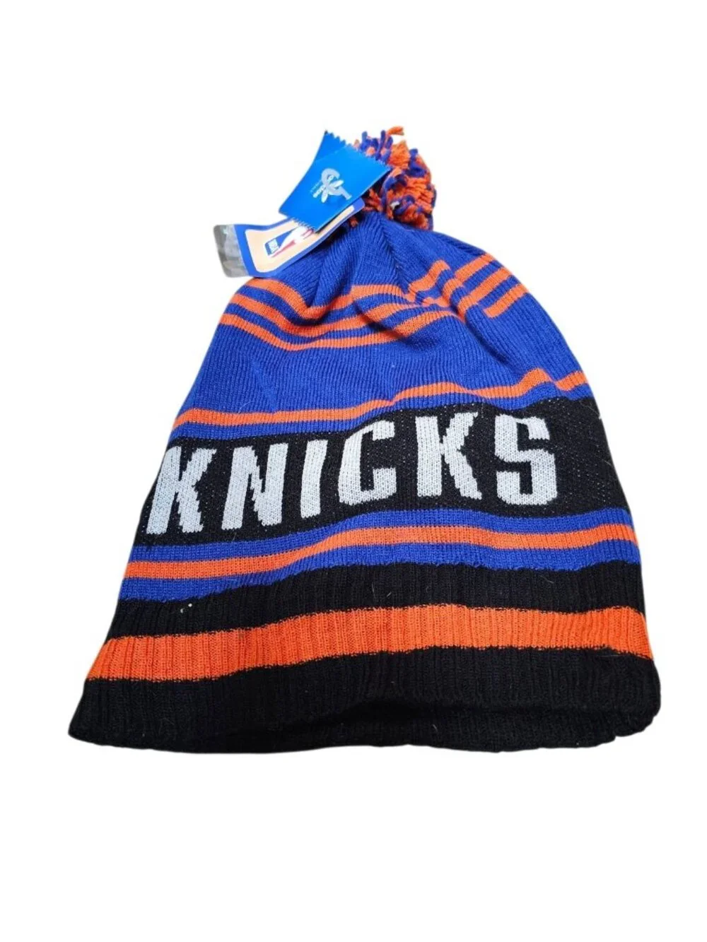 New York Knicks Knit Beanie Hat Longer Style Blue/Orange W/Pom NBA Licensed New